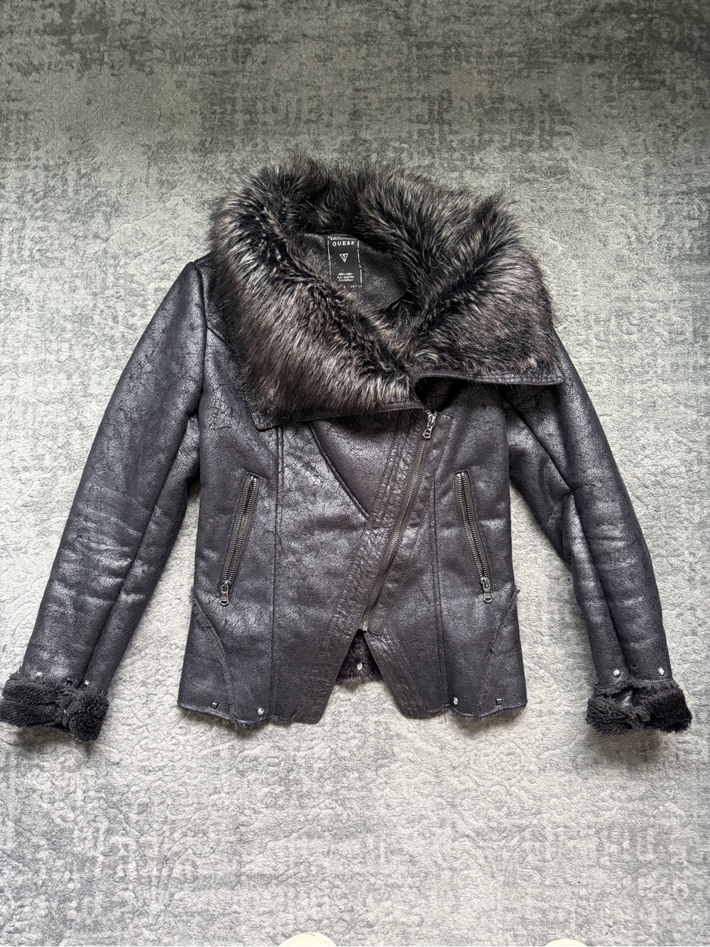 Guess Black Faux Leather & Distressed Moto Jacket